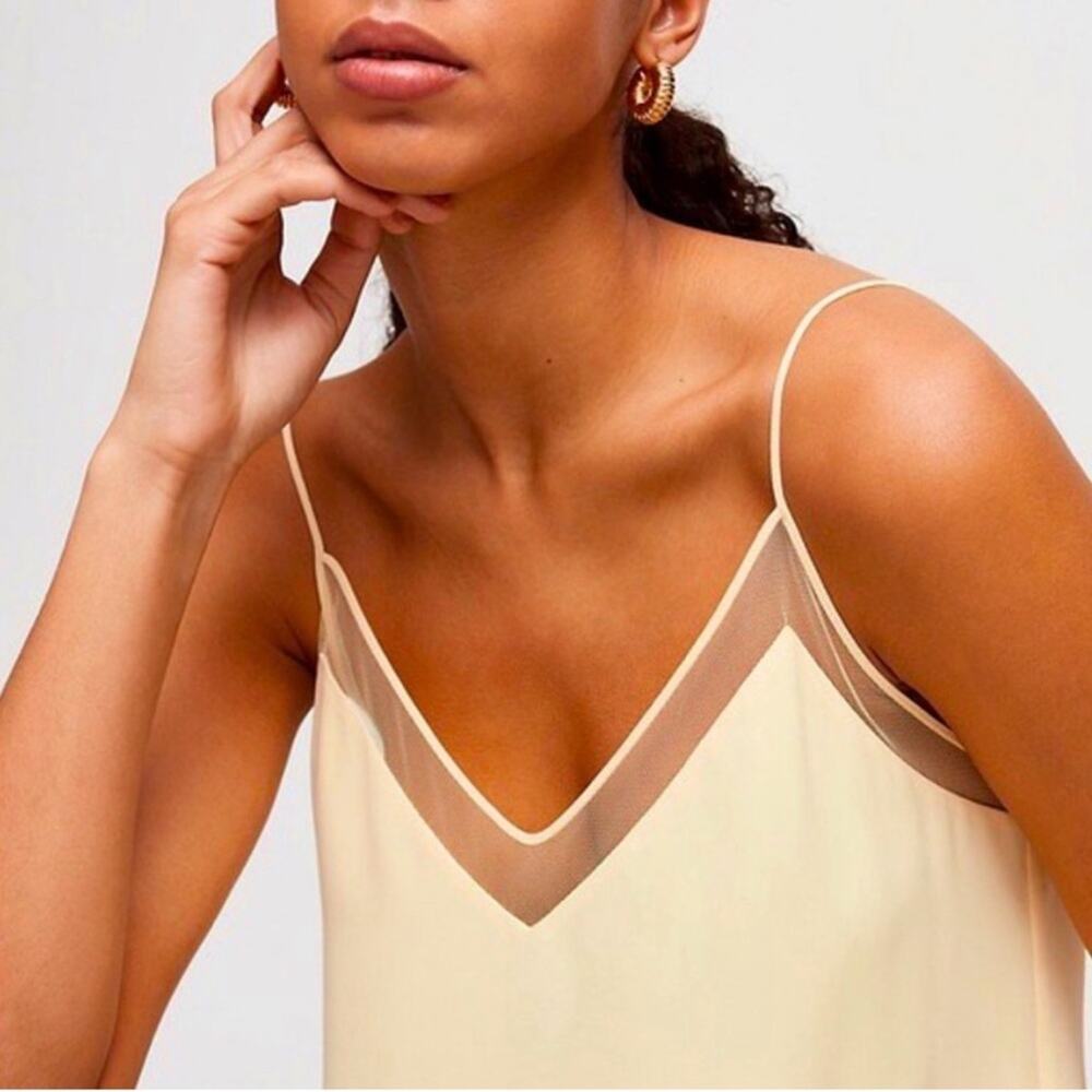 Aritzia Babaton Galen Camisole Light Yellow  Drapey V-Neck Mesh Trim Tank Top XS